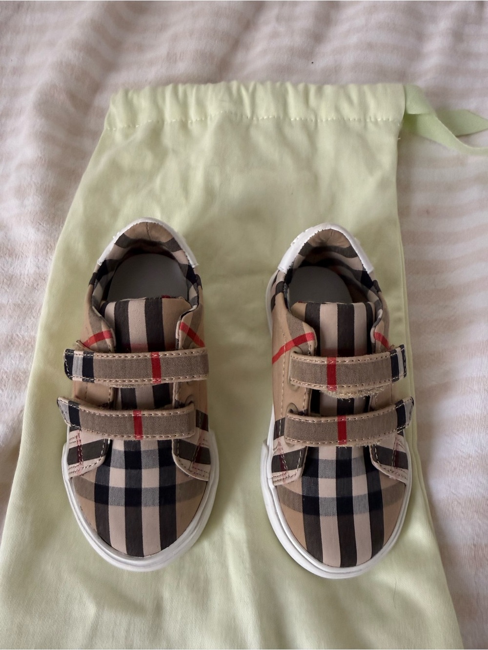 Burberry Beige Nova Check Kids Velcro Sneakers with Red Accent